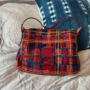 Vintage Fendi Beaded Plaid Mama Baguette Bag with Dustbag